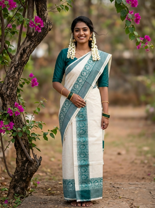 Kerala Cotton Single Set Mundu (Mundum Neriyathum) with Green Block print Border 2.80Mtrs SL329
