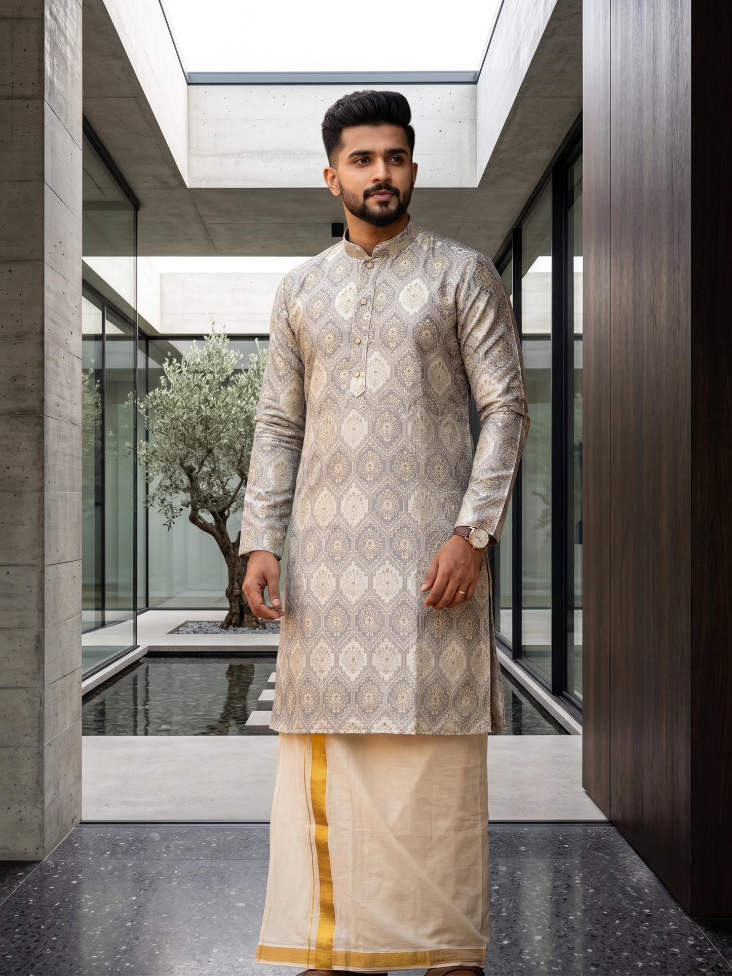 Southloom Gray Woven Semi Silk Short Kurta for Men SL590