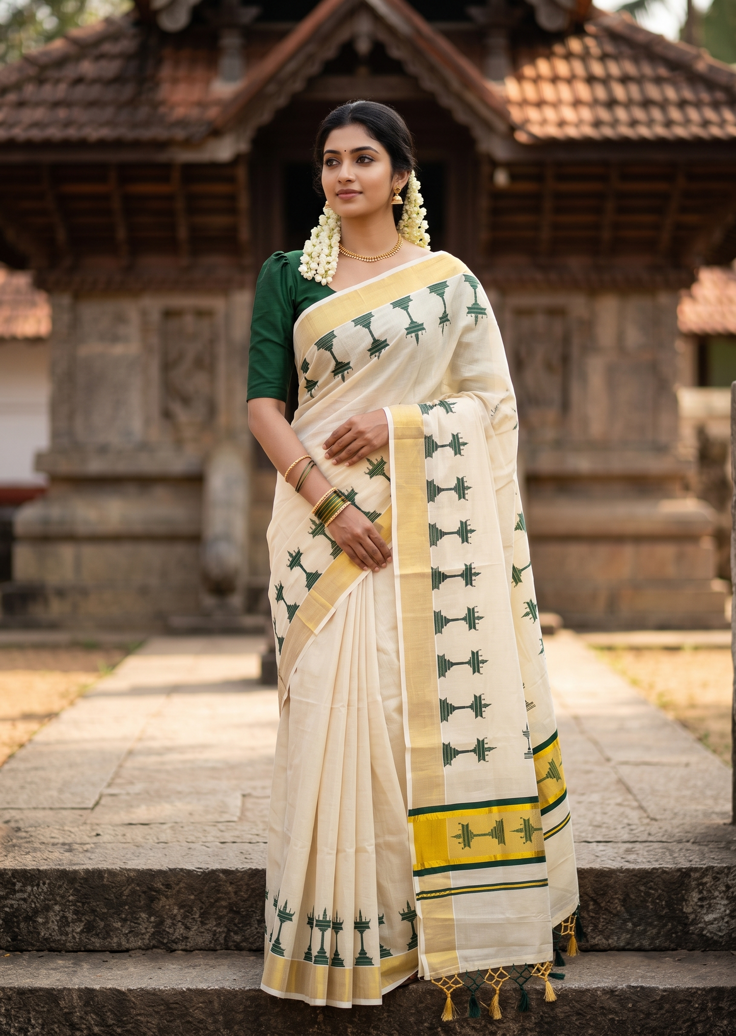 Southloom Kerala Tissue Saree with Nilavilakku Digital Print Design in Green SL568
