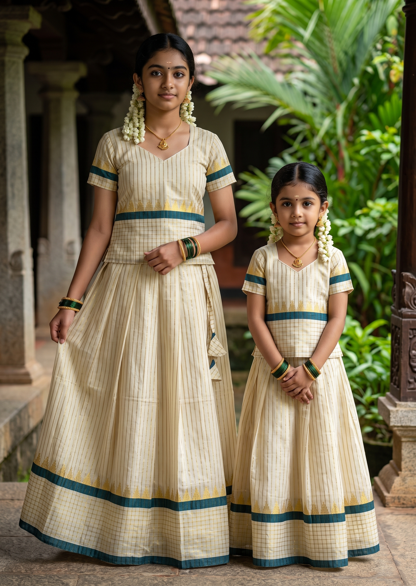 Southloom Kerala Tissue  Kasavu Pavada with Stripes on Body And Blouse In Green for Kids
