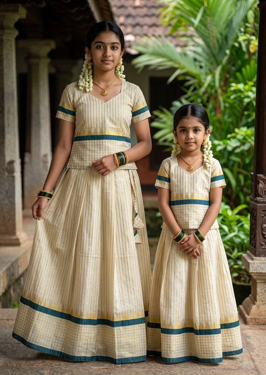 Southloom Kerala Tissue  Kasavu Pavada with Stripes on Body And Blouse In Green for Kids