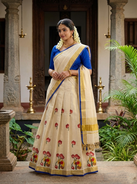 Southloom Semi Stitched Tissue Dhavani Set with Pavada and Blue Blouse Piece