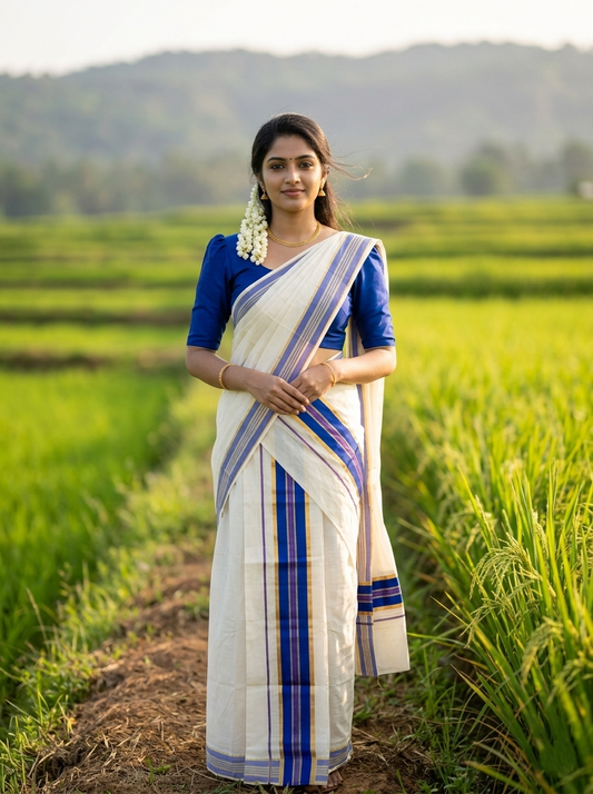 Kerala Cotton Set Mundu (Mundum Neriyathum) with Kasavu and Blue Border