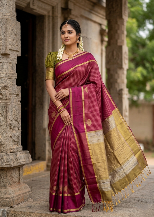 Southloom Pure Handloom Bridal Kanchipuram Silk Saree with Korvai Work (Maroon & Green)