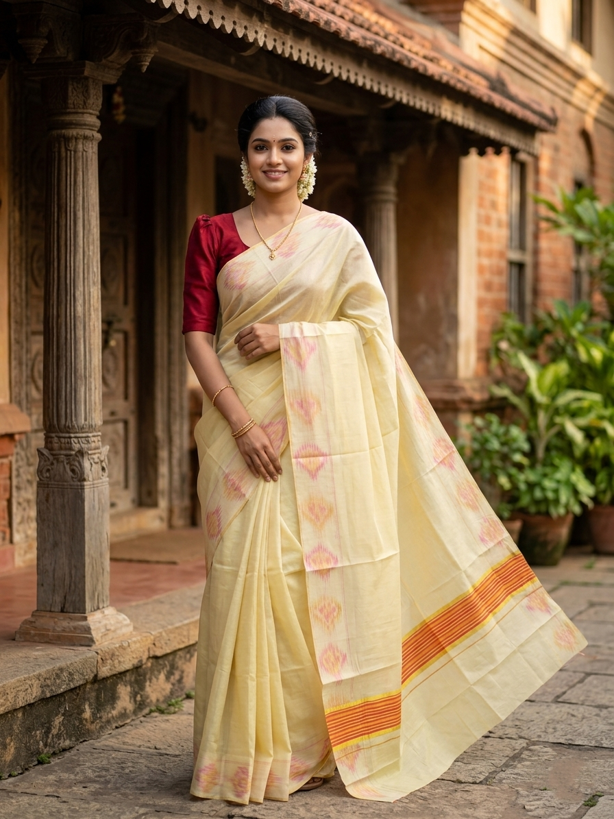 Southloom Kerala Tissue Kasavu Saree with Pink and Yellow Pochampally Design on Borders and Kara