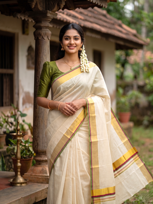 Southloom Kerala Cotton Kasavu Saree with Micro Check on Body In Purple And Olive Green Border SL347
