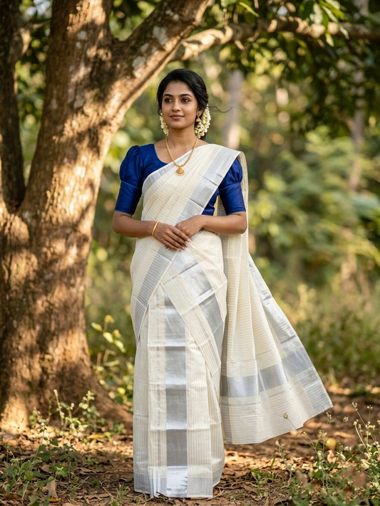 Kerala Cotton Set Mundu (Mundum Neriyathum) with Silver Kasavu Lines on Body 2.80 Mtrs