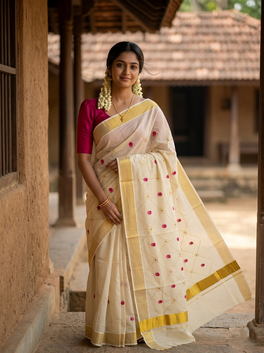 Southloom Tissue Kerala Kasavu Plain Saree with  Embroidery Designs on Body