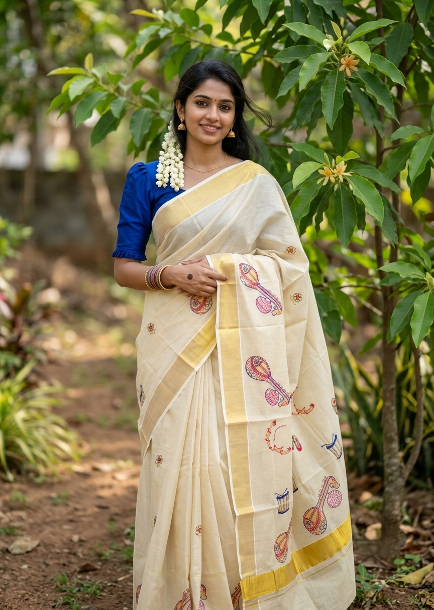 Southloom Kerala Tissue Blue&Pink Veena Embroidery Saree SL302