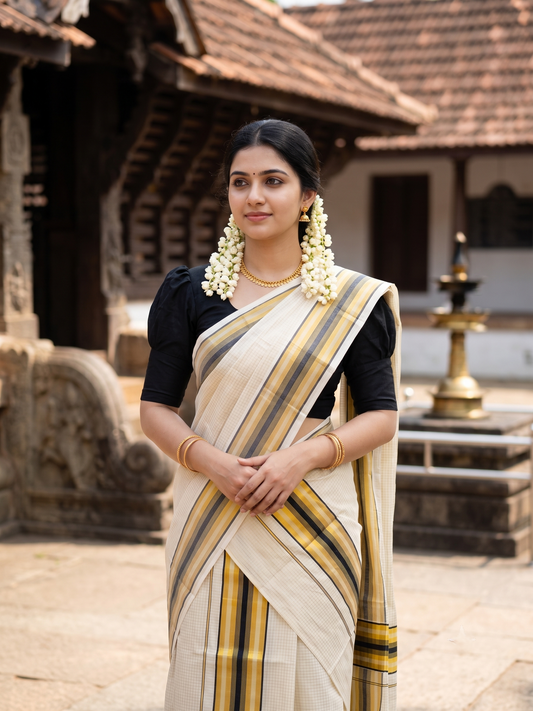 Southloom Pure Cotton Mundum Neriyathum (Set Mundu) with Gold Kasavu Check Acorss Body & Black Borders on the Kasavu 2.80 Mtrs SL517