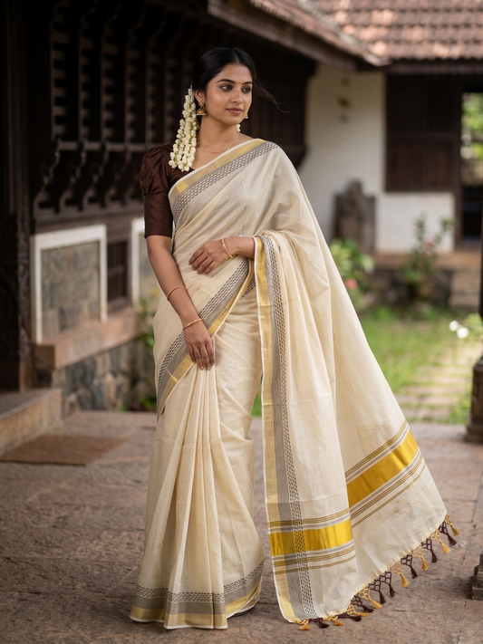 Kerala Tissue Kasavu Saree with Brown Designs On Border