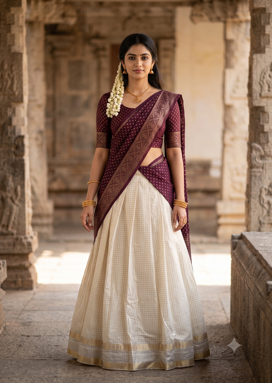 Southloom Semi UnStitched Check Dhavani Set with Pavada and Blouse Piece SL582