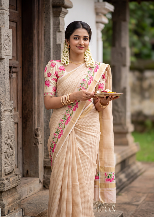 Southloom Chanderi Saree with Check Body And Zari Work with Lotus Mural Print SL554