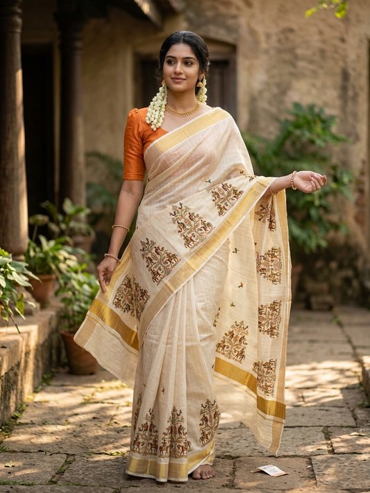 Southloom Tissue Kerala Kasavu Lines Saree with Kantha Embroidery Work on Body