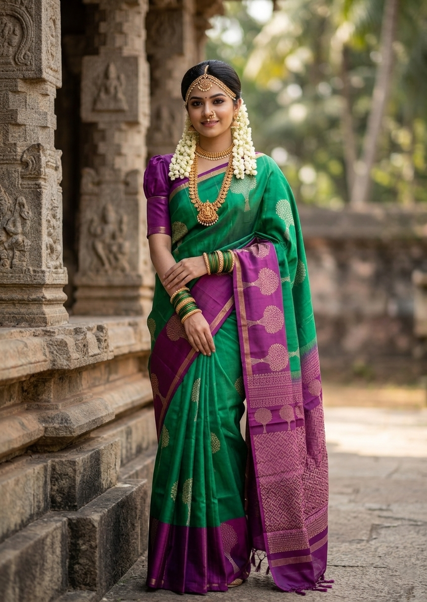 Southloom Pure Handloom Kanchipuram Silk Saree with Butta Work (Green & Purple)