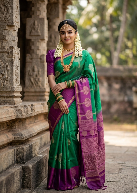Southloom Pure Handloom Kanchipuram Silk Saree with Butta Work (Green & Purple)