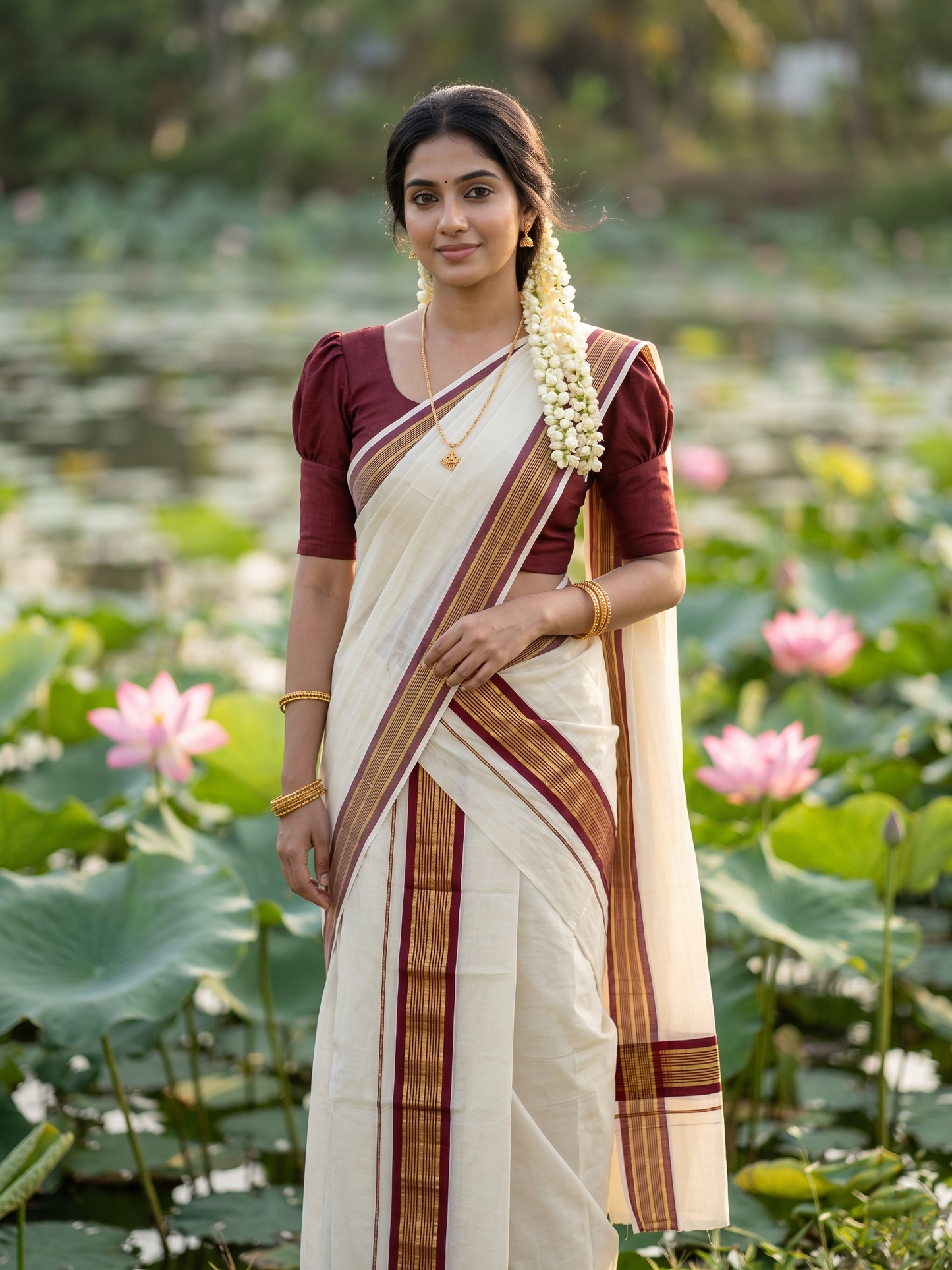 Kerala Cotton Kasavu Single Set Mundu (Mundum Neriyathum) with Maroon Kasavu Border in 2.80 Mtrs SLKK SL470