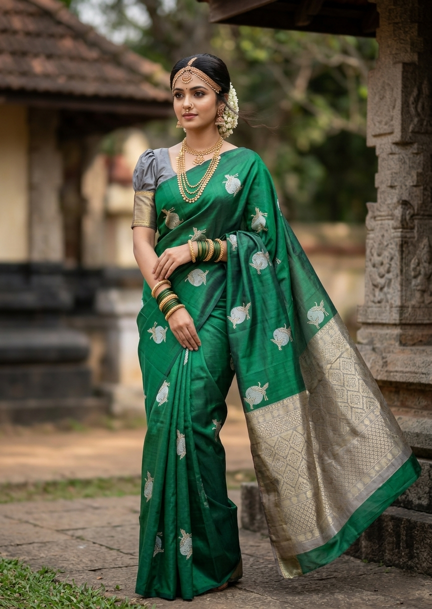 Southloom Pure Handloom Bridal Kanchipuram Silk Saree with Korvai Work (Green & Grey)