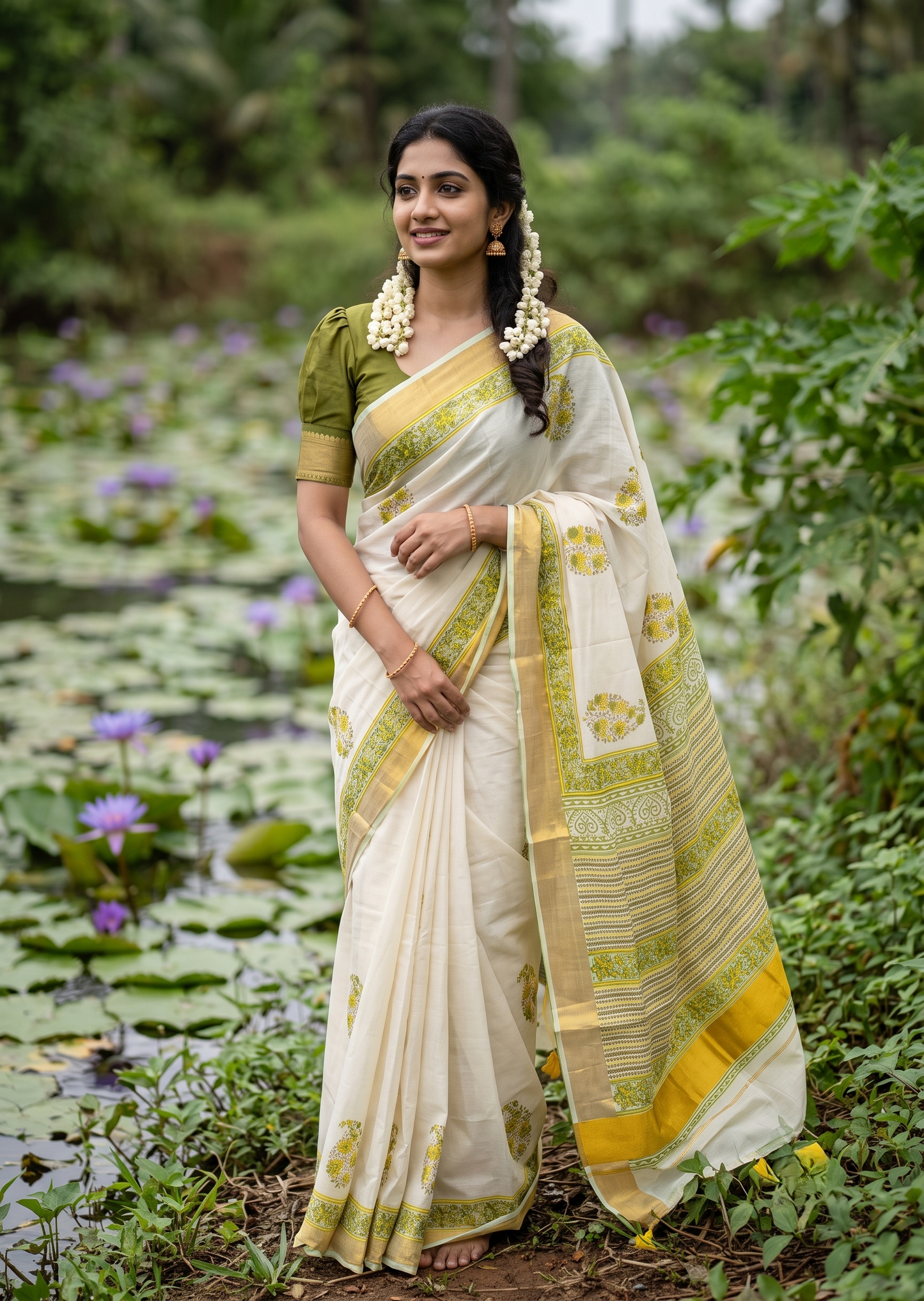 Southloom Cotton Kerala Kasavu Saree with Jaipur Block Printed on Body And Borders SL561