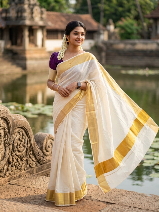 Southloom Pure Cotton Kerala Saree with 8 inch Gold Kasavu Border