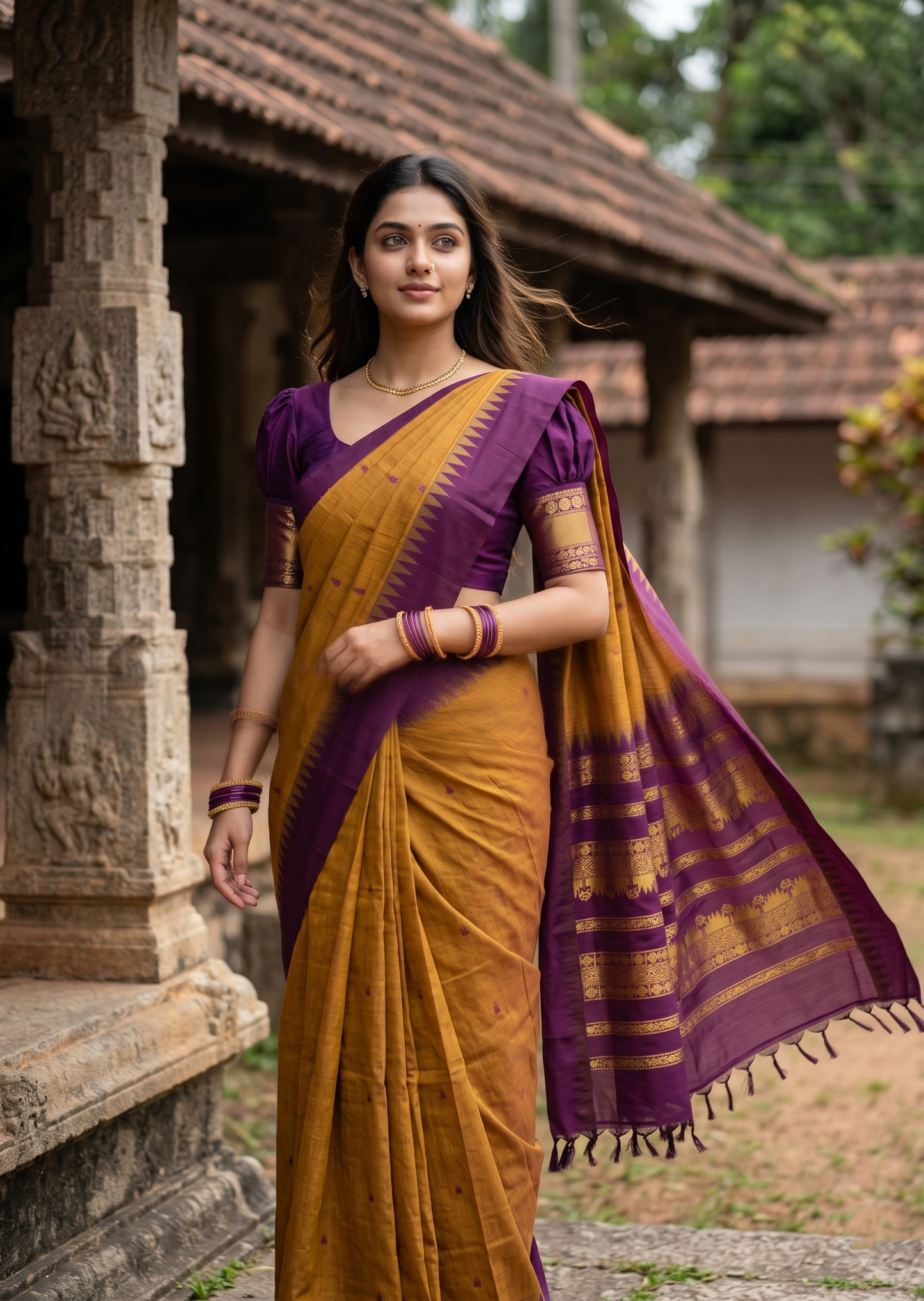 Southloom Kalyani Cotton Saree In Mustard Yellow And Purple With Woven Work on the Body and Borders