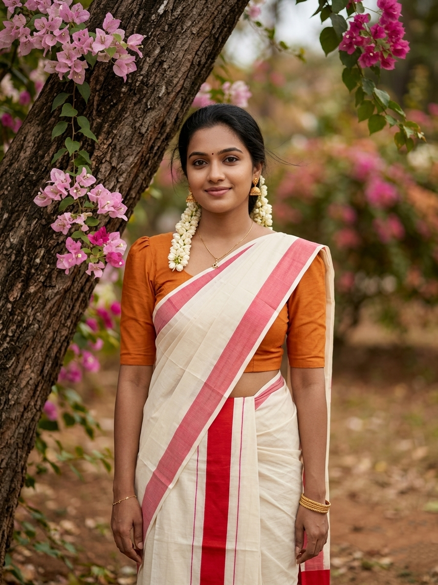 Kerala Cotton Mundum Neriyathum Single (Set Mundu) with Plain 2 inch Orange Kara 2.80 Mtrs