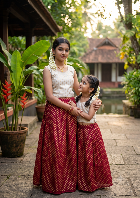 Southloom Kerala Cotton Kasavu Pavada Blouse In Maroon for Kids SL587