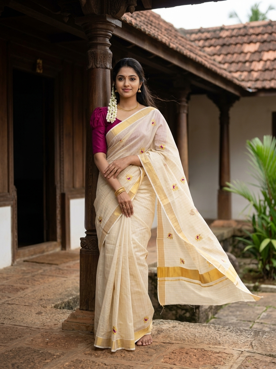 Southloom Tissue Kerala Kasavu Lines Saree with Peacock Embroidery Work on Body in Magenta