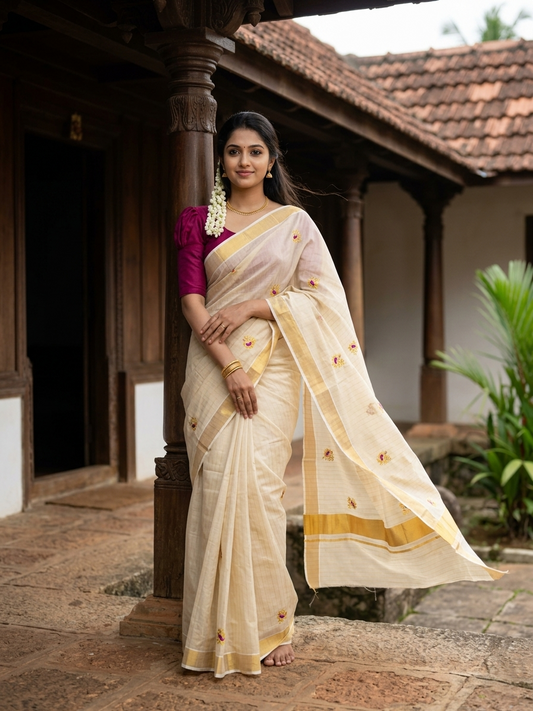 Southloom Tissue Kerala Kasavu Lines Saree with Peacock Embroidery Work on Body in Magenta