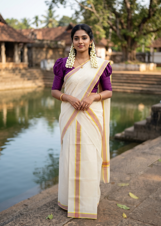 Southloom Kerala Mulloth Cotton Single Mundum Neriyathum with Multicolor Border In 2.80 Mtrs SL243