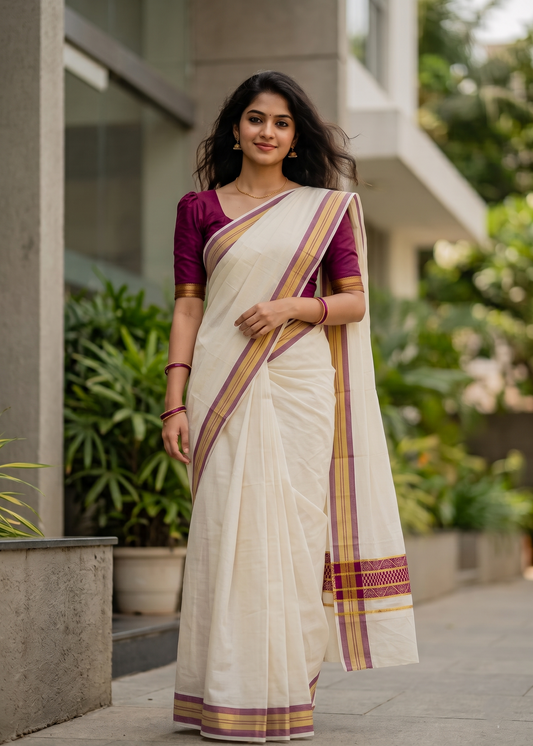Southloom Kerala Cotton Saree with Blue Woven Work on Pallu SL639