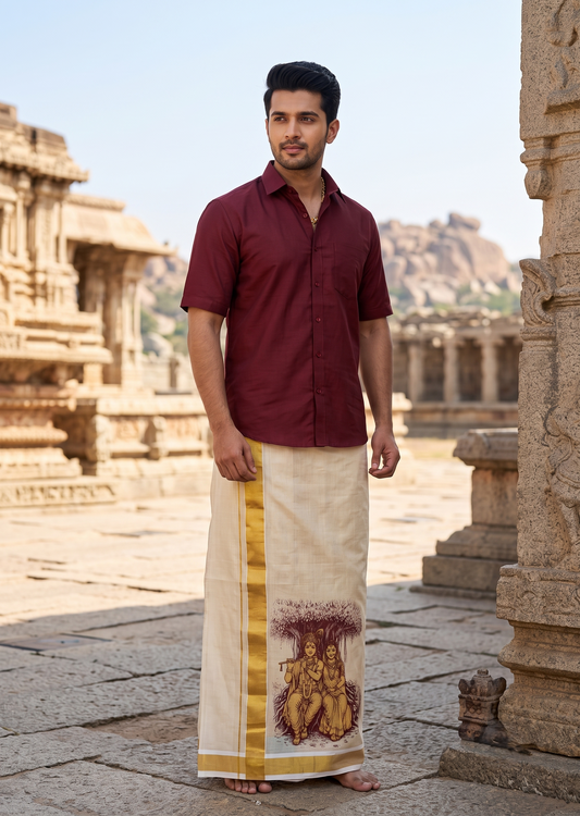 Southloom Kerala Tissue Mural Digital Printed Double Mundu (South Indian Kerala Dhoti) SL567