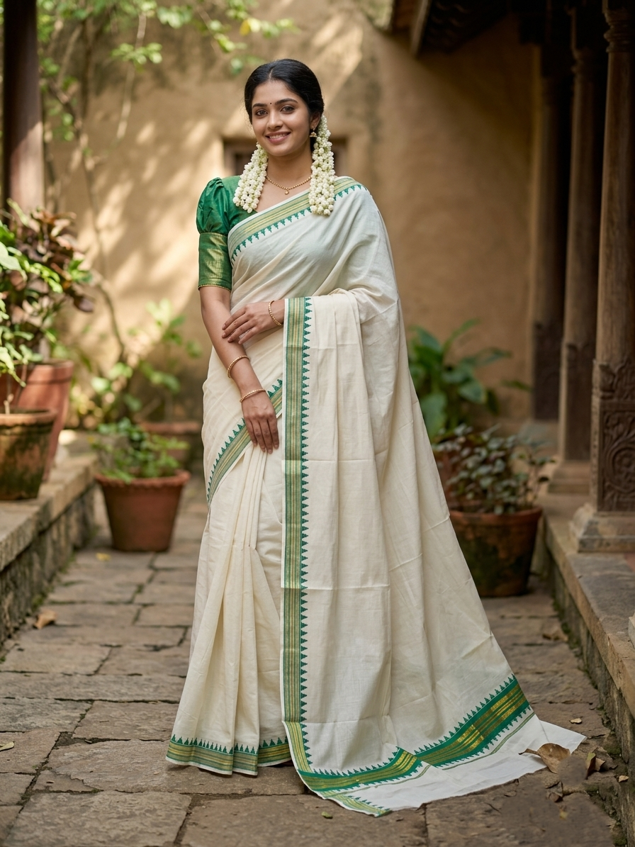 Southloom Cotton Kerala Kasavu Saree with Green Border
