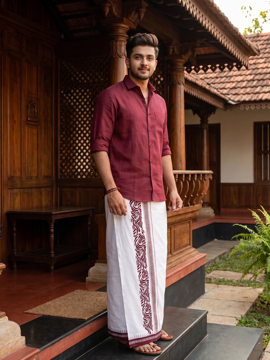 Southloom Maroon Printed Kara Single Mundu / Lungi (South Indian Kerala Dhoti)