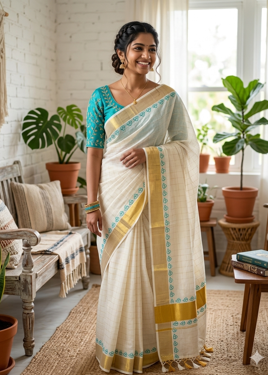 Kerala Cotton Check Saree With Tassels SL179