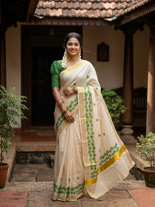 Kerala Tissue Kasavu Saree with Green Floral Embroidery Works SL366
