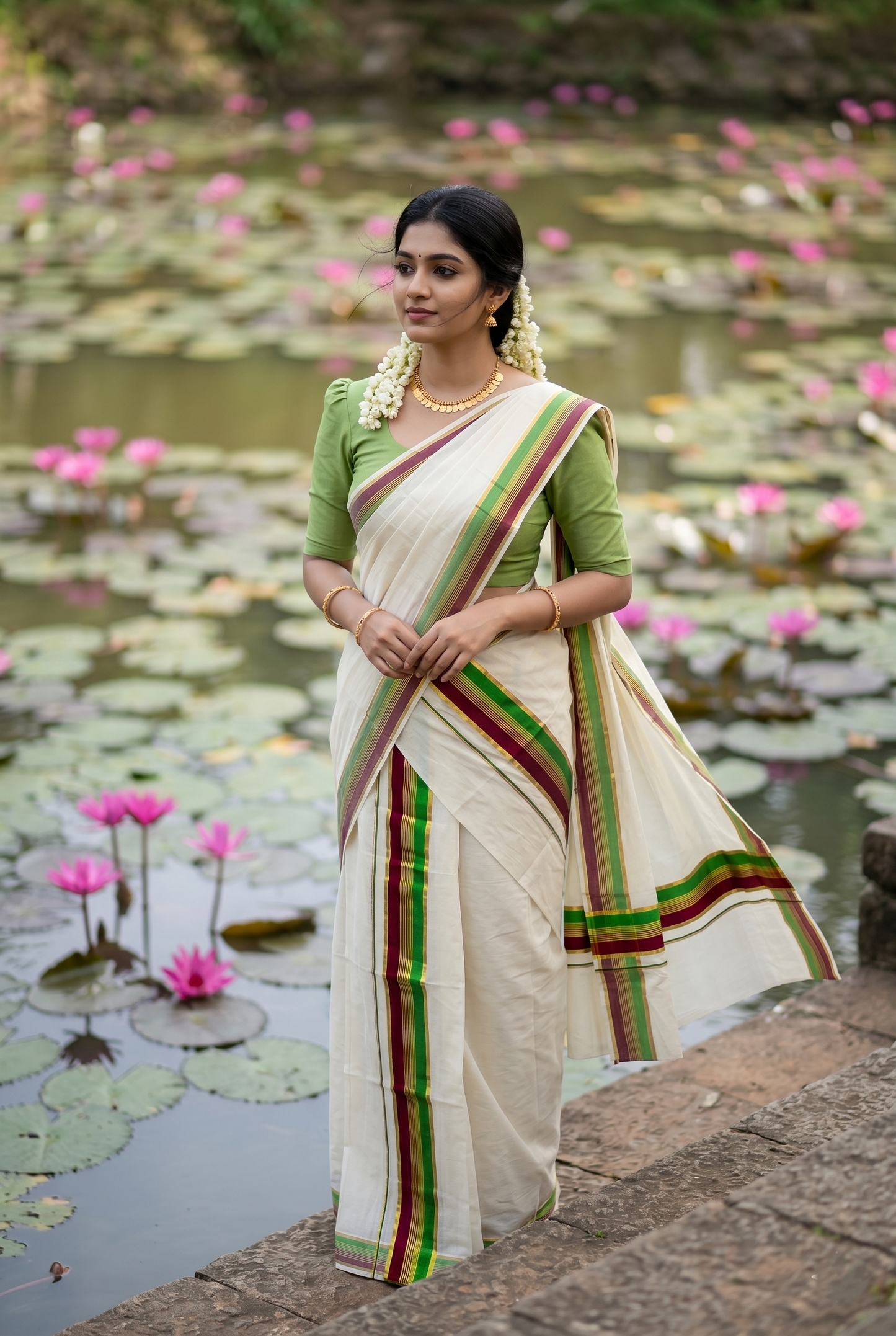 Southloom Kerala Cotton Kasavu Single Set Mundu (Mundum Neriyathum) with Green and Maroon Kasavu Border SLKK