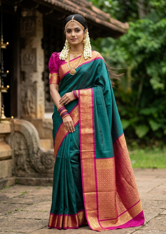 Southloom Pure Handloom Bridal Kanchipuram Silk Saree with Korvai Work (Green & Magenta)
