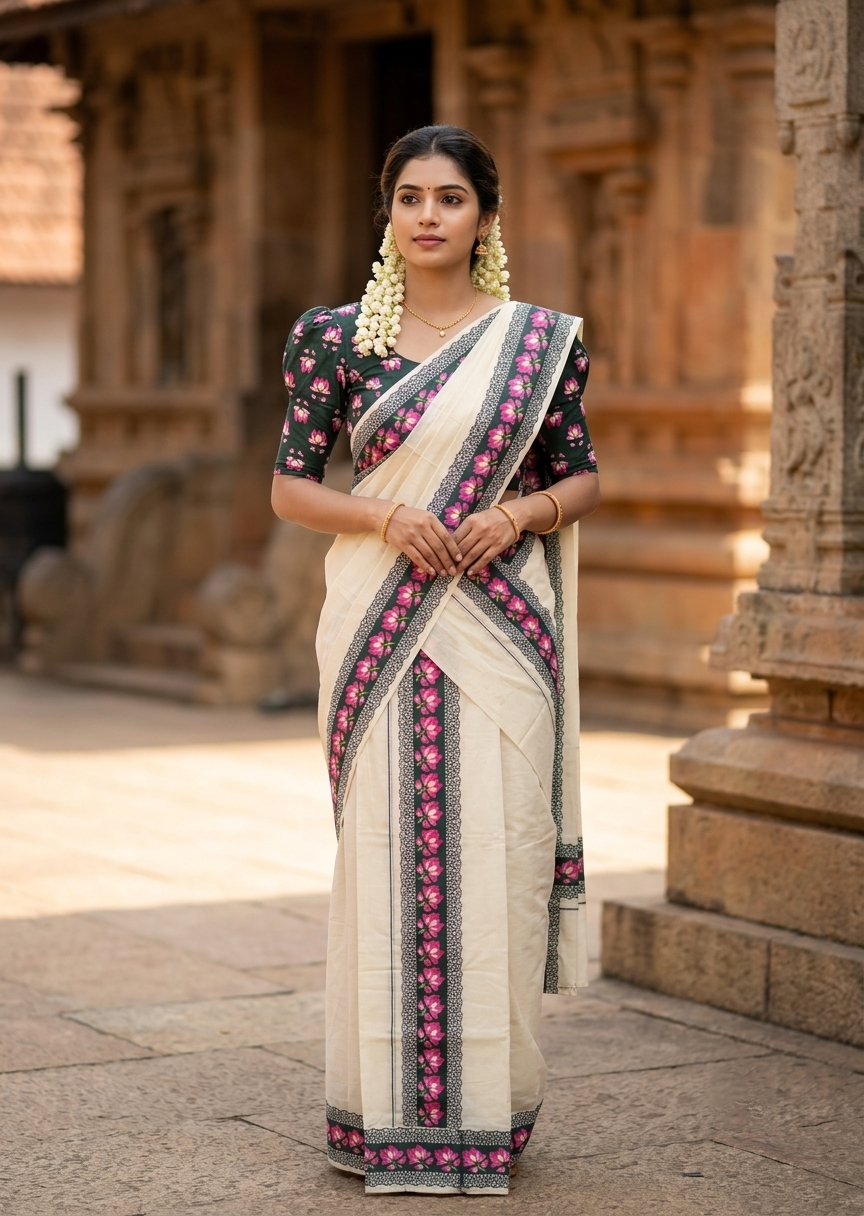 Southloom Pure Cotton Kerala Single Set Mundu (Mundum Neriyathum) with Lotus Digital Prints in Green 2.80 Mtrs SL549