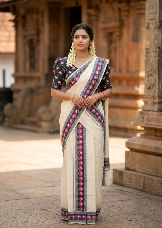 Southloom Pure Cotton Kerala Single Set Mundu (Mundum Neriyathum) with Lotus Digital Prints in Green 2.80 Mtrs SL549
