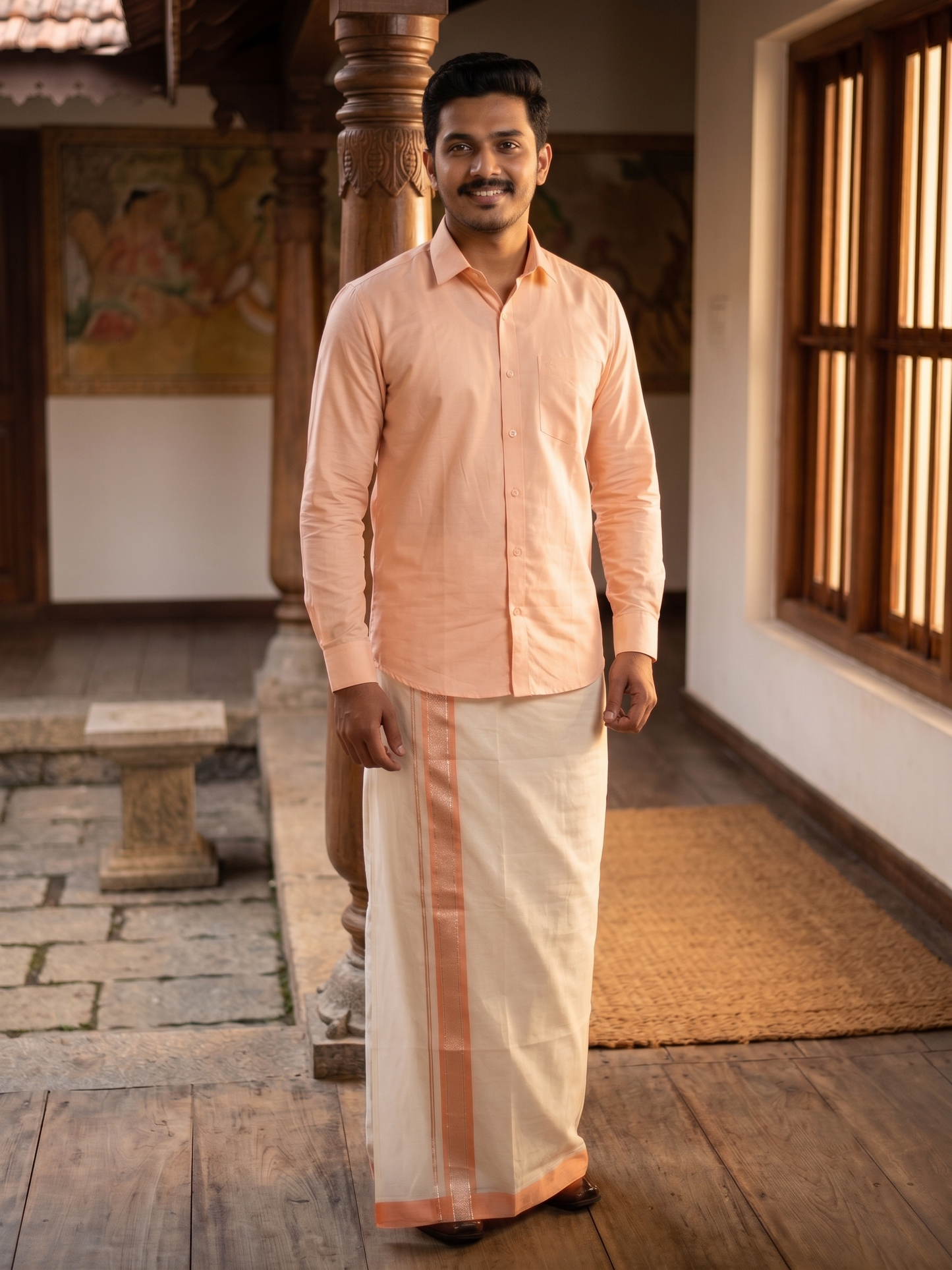 Southloom Premium Handloom Cotton Double Mundu with Silver and Peach Chutti Kara Border