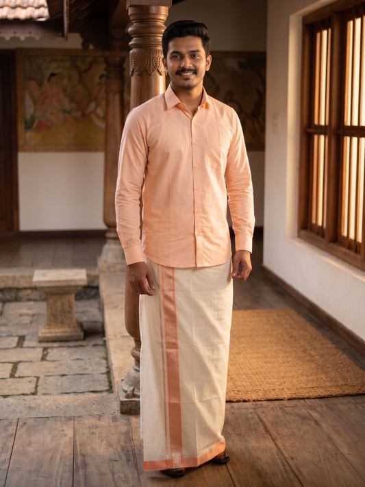 Southloom Premium Handloom Cotton Double Mundu with Silver and Peach Chutti Kara Border