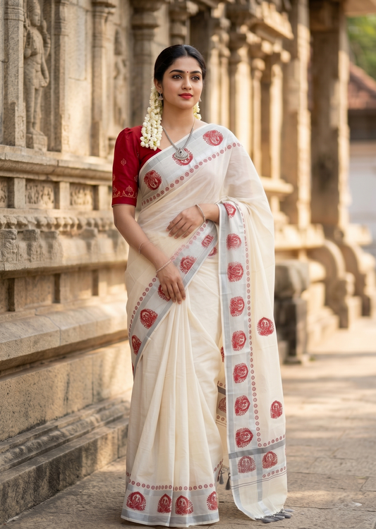 Southloom Kerala Pure Cotton Silver Kasavu Saree with Maroon Mural Printed Design and Printed Border