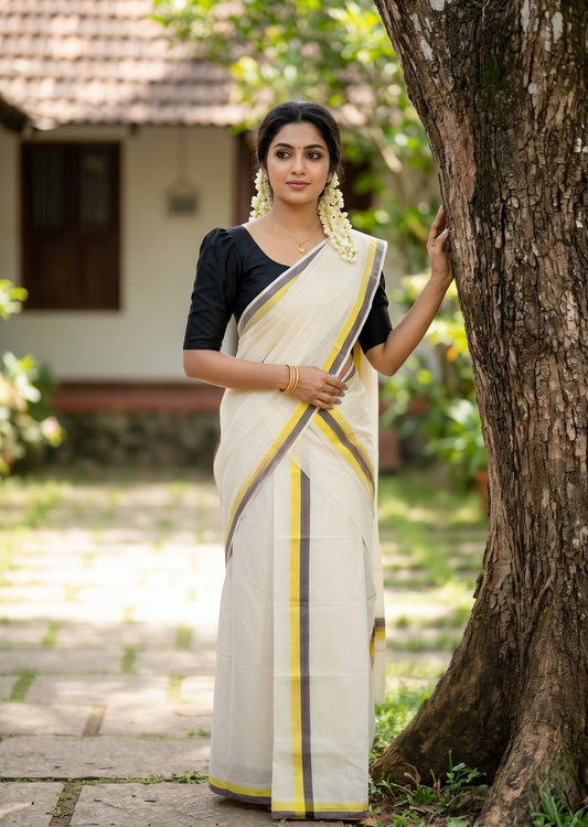 Southloom Pure Cotton Kerala Single Mulloth Set Mundu (Mundum Neriyathum) Yellow And Brown Border in 2.80 mtrsSL243