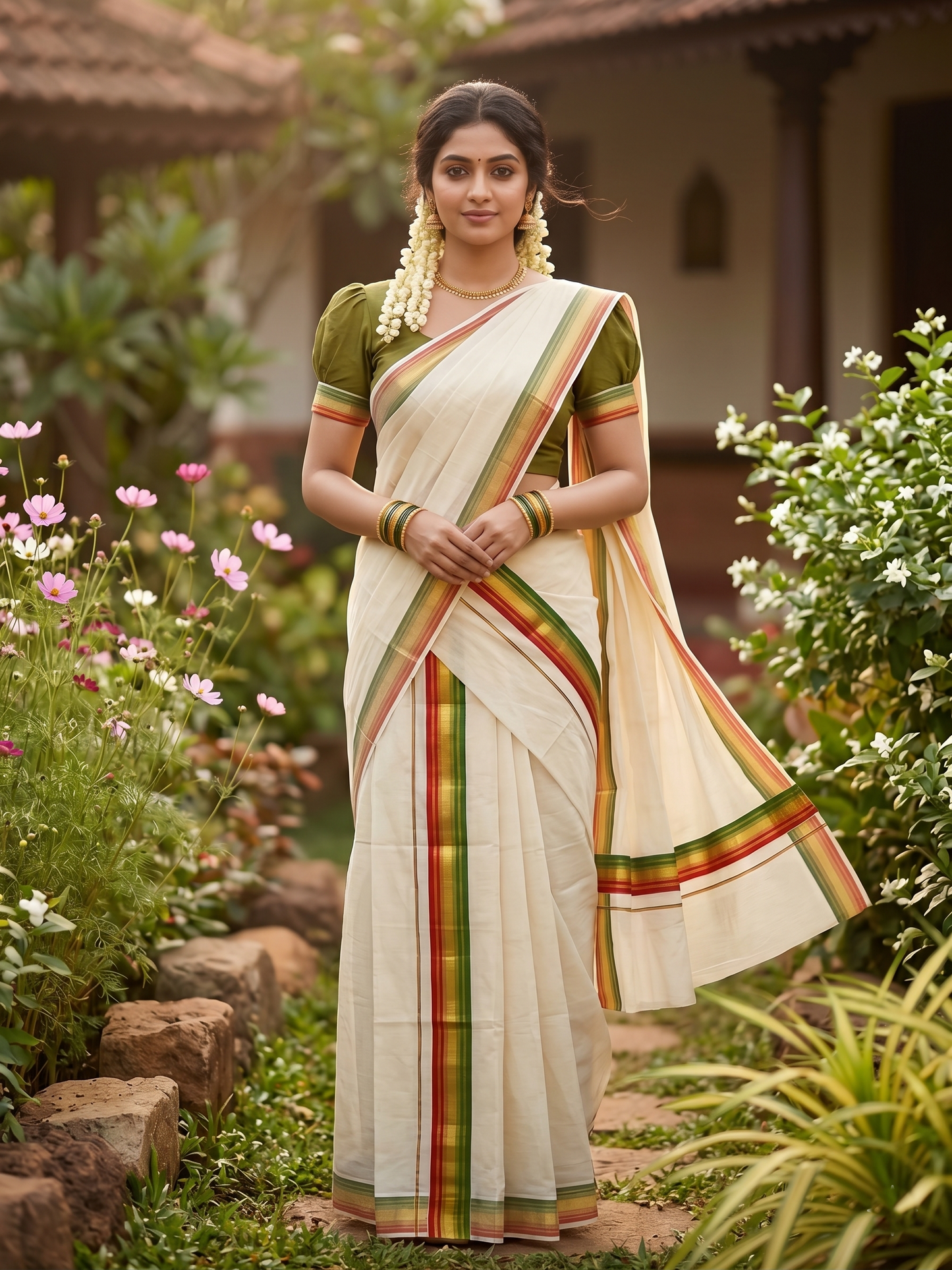 Southloom Kerala Cotton Kasavu Single Set Mundu (Mundum Neriyathum) with Orange and Olive Green Kasavu Border SLKK SL480
