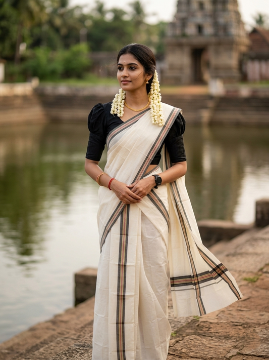 Southloom Pure Cotton Kerala Single Mulloth Set Mundu (Mundum Neriyathum) Black & Purple Border in 2.50 mtrs SL243