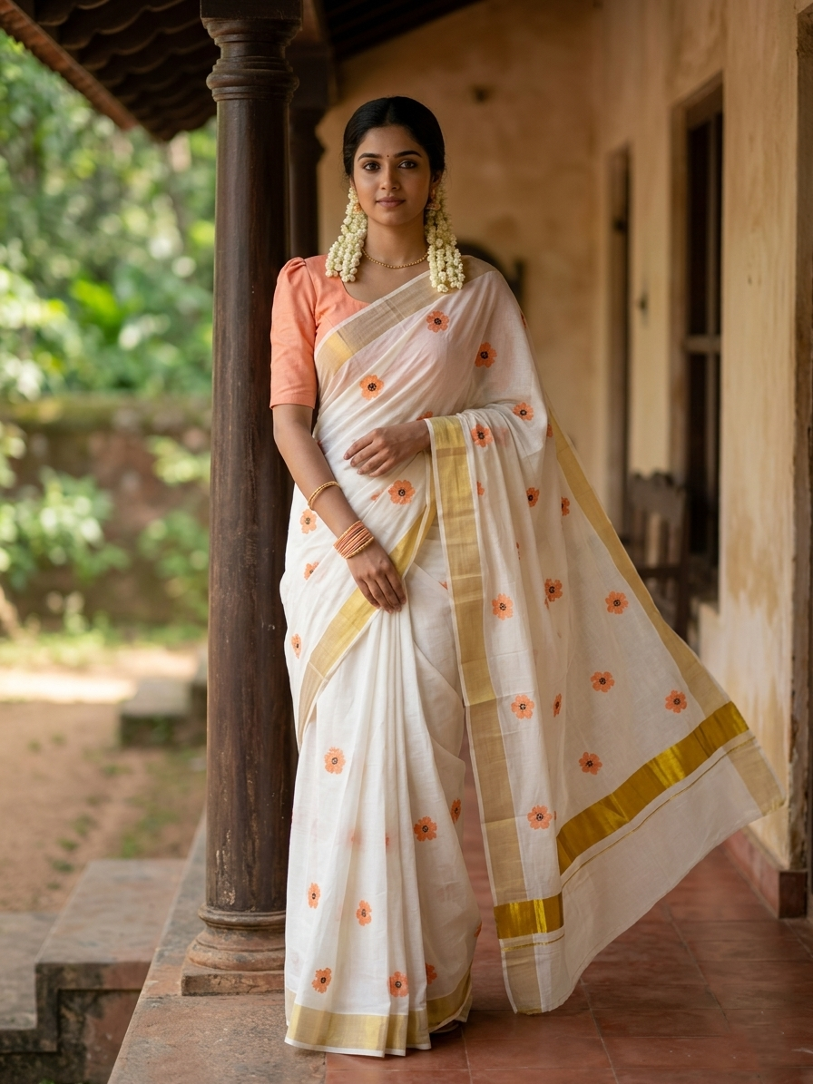 Southloom Exclusive Onam Kasavu Saree with Small Peach Floral High Quality Digital Print Across Body (Matching Printed Blouse Included)