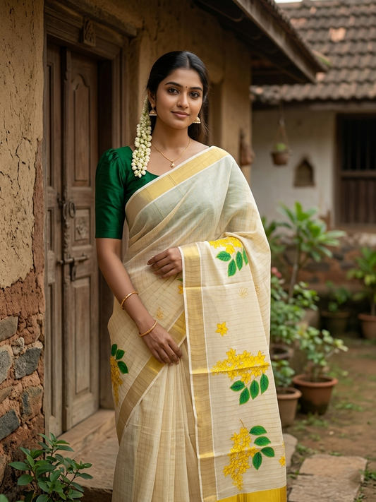 Southloom Tissue Kerala Kasavu Saree with Kanikonna Embroidery Work on Body