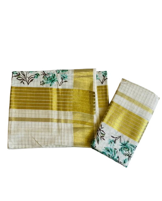 Southloom Kerala Check Pure Cotton Set Mundu with Gold Kasavu And Block Prints Across Body SL563