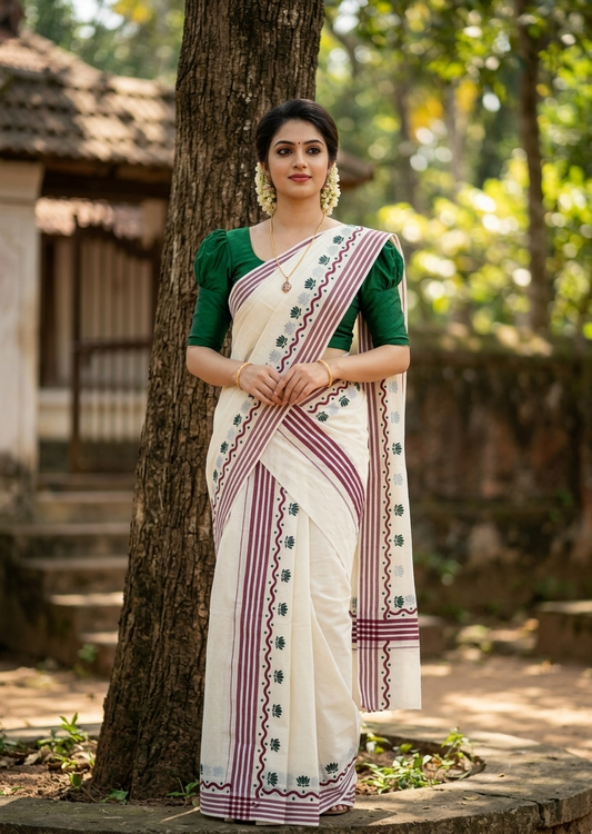 Southloom Pure Cotton Kerala Single Mulloth Set Mundu With Lotus Digital Print in Maroon and Green Border (Mundum Neriyathum) in 2.75 Mtrs SL371